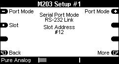 Configuration M203 RS-232 Link. Standardised serial interface (RS232 protocol) for connection to a PC or another serial interface.