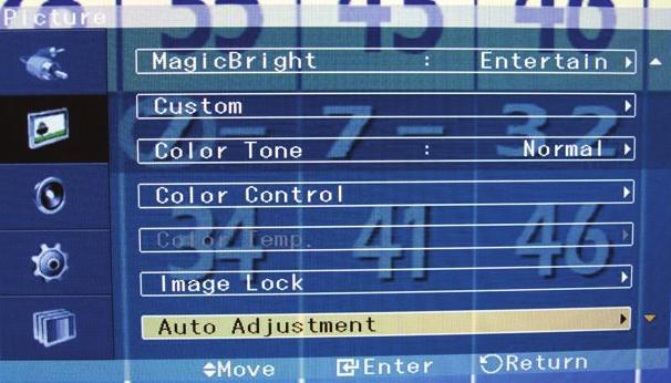 If the image from the scoring computer does not fit the Samsung LED screen, enable the Auto Adjustment function.