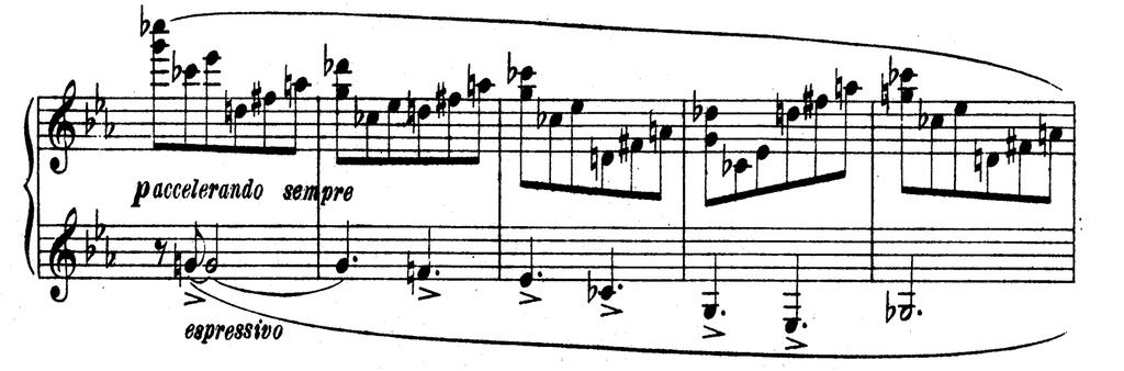 The key appears to be E flat major/c minor, but the melodic line wanders through e-flat minor as well. The melody is marked p, in contrast to its later return at ff.