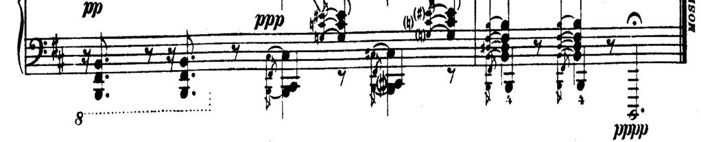 Feinberg s sixth sonata resolves from the turmoil of the b minor theme to a final B Major chord at pppp.