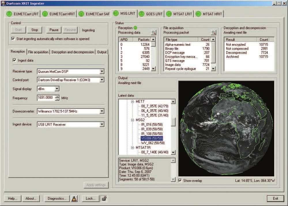 LRIT/HRIT systems software features XRIT Ingester software Handling of all LRIT and HRIT data from EUMETCast, MSG direct broadcast, GOES and MTSAT.