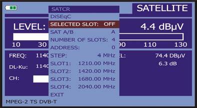 Figure 76.- SatCR command screen. When activating the Enable Pilots options, the SatCR device located in the headend emits a pilot signal with constant level for each down frequency (slot).