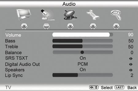 Adjusting the Audio Settings When viewing a DTV / TV or an HDMI, Component, AV, or PC source, the following audio adjustment OSD screens are available when you press MENU on the remote control.