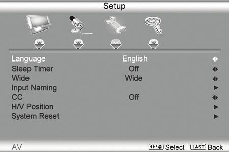 Adjusting the Setup settings When viewing a DTV / TV or an HDMI, Component, AV, or PC source, the following setup adjustment OSD screens are available when you press MENU on the remote control.