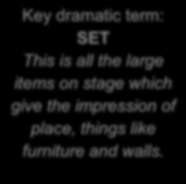 Studying Act 1 Key dramatic term: SET This is all the large items on stage which give the impression of place, things like furniture and walls.
