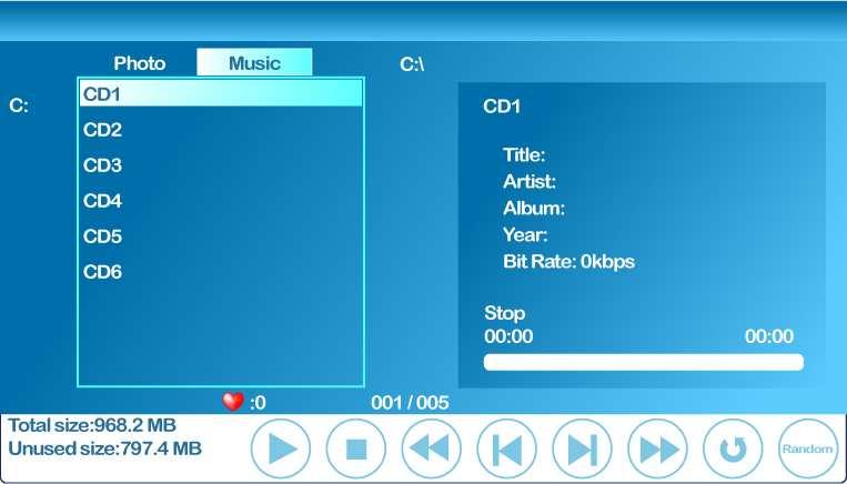 The following picture represents the music MENU under the source USB. 10. Use or to navigate around the function you want to use with the music.