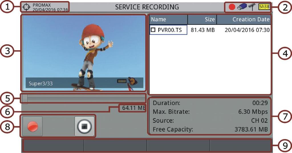 Screen description Figure 76. Installation selected; date and time. Icons from left to right: recording; USB connected; selected band; battery level. Recording Service.