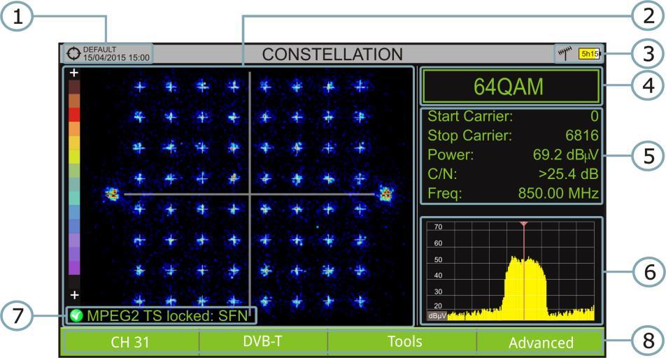 Screen Description Constellation screen description: Figure 41. Selected installation; date and time. Constellation window.