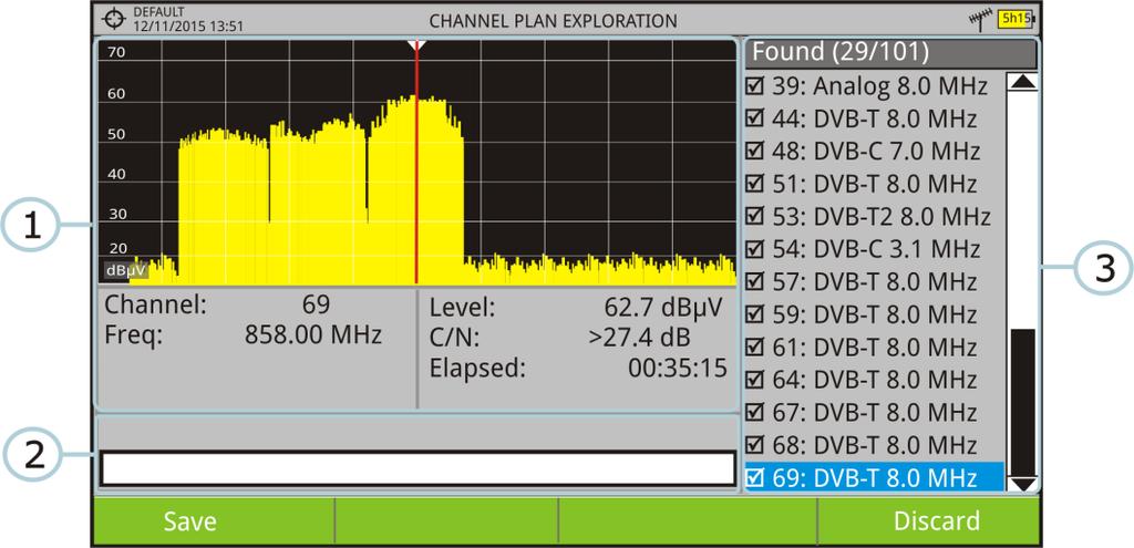 Screen Description Figure 53. The window is divided into three areas: Spectrum and Measurement It shows the cursor scrolling through each of the channels of the channel plan.