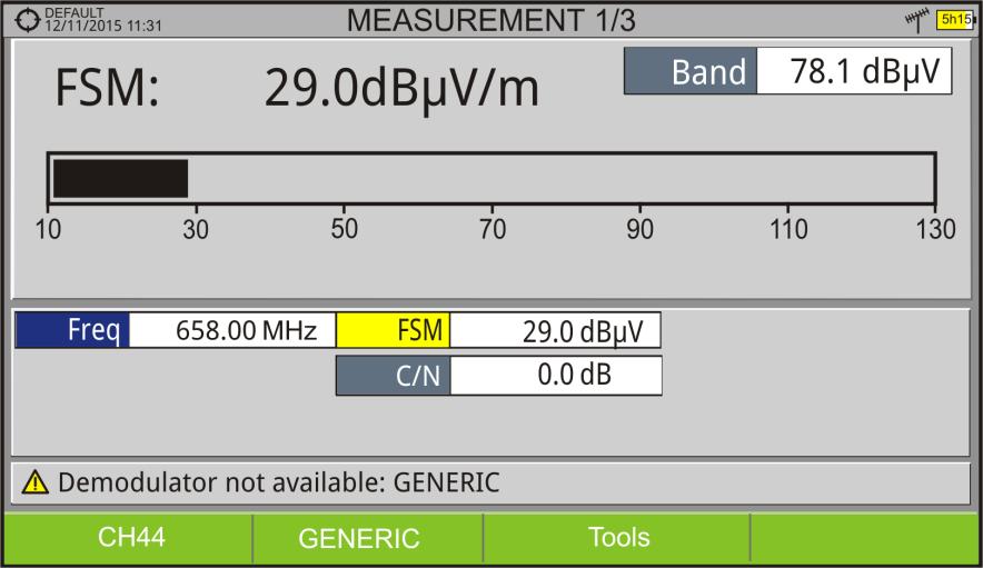 Now access the Spectrum Analyser or Measurement mode to check the field strength measure shown as FSM (dbµv/m). This measure replaces the power. Figure 55.