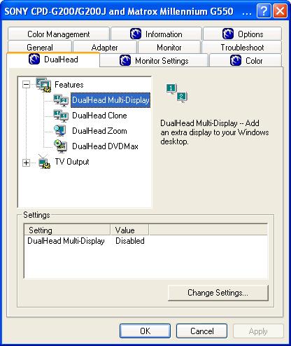2. Switch to the DualHead tab.if the DualHead tab lists "Advanced Settings" instead of "TV Output" then your G550 connectors are reversed at the card. Figure 2: Matrox DualHead Tab 3.