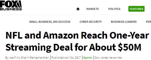 In April 2017, Amazon Made A Deal With The NFL To Live-Stream 11 Football Games During The 2017 Season The Deal The Schedule 10 Thursday Night Games + 1 Game on Christmas Day Week 4 28-Sep Chicago