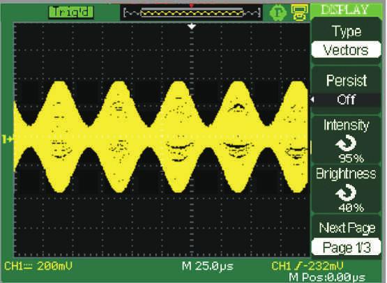Operate Introduction: 1. Set up waveform display type Press the DISPLAY button to enter the Display menu. Press the Type option button to select Vectors or Dots. 2.