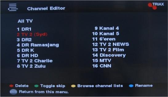 Editing of Channels Via the Channel Editor menu you can delete, change names, etc. of the different channels. Besides you have access to create and edit your lists of favourite channels.