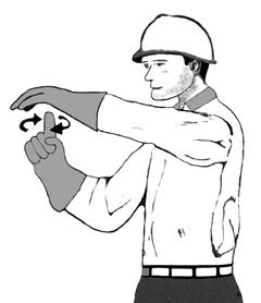 With all fingers pointing up, arm is extended horizontally out and back to make a pushing motion in the direction of travel.