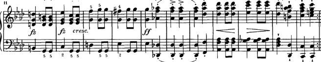 It is in a regular A-B-A' form and is marked by its permanent emphatic rhythm of one long (a quarter) followed by two shorts (two eights), forming a pattern of ta ta-te, of which Schubert was very