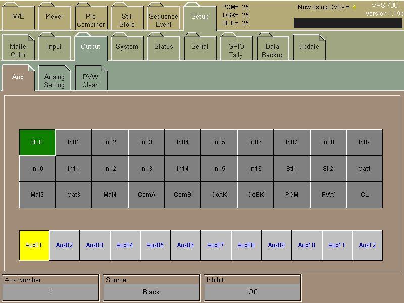 [Setup] - [Output] menu Setup Output Folder Button Item Setting Refer to Aux Number - Aux - - Analog Output PVW Clean Shortcut button: AUX (SETUP section) - - - - Source Inhibit F L