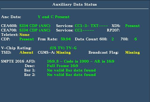 Closed Captioning (CC), Teletext, AFD, and Safe Area Compliance Figure 75: Auxiliary Data Status display To Display CC 1. Select a tile. 2.