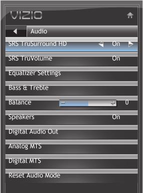Adjusting the Audio Settings Using the Audio Settings menu, you can adjust the following: Enable or disable SRS TruSurroundHD Enable or disable SRS TruVolume Adjust the equalizer settings Adjust bass