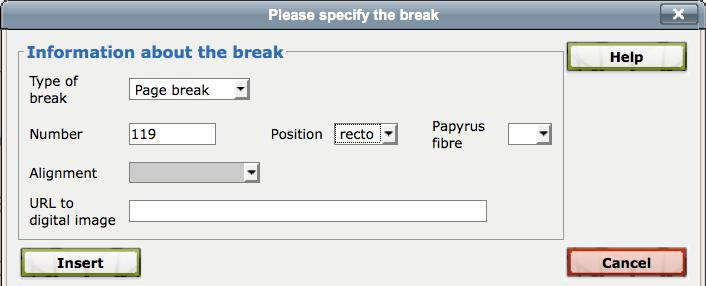 14 Click Insert and the first page break, column break (see below) and line break (see below) will be inserted and your transcription will look like this: To add any other page break throughout your