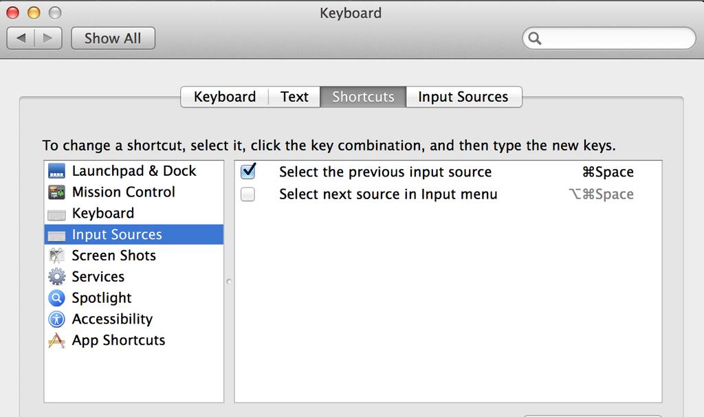 61 If you routinely use more than two keyboards, you may need to use the shortcut Command + Alt + Spacebar to scroll between languages so also select the Select next source in Input menu option in