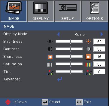 User Controls IMAGE Display Mode There are many factory presets optimized for various types of images. Presentation: Good color and brightness from PC input. Bright: Maximum brightness from PC input.