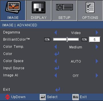User Controls IMAGE Advanced Degamma This allows you to choose a degamma table that has been fine-tuned to bring out the best image quality for the input. Film: for home theater.