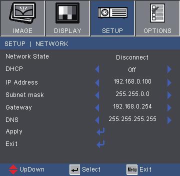 User Controls SETUP Network Network State Display the network connection status. DHCP Use this function to select your desired startup screen.