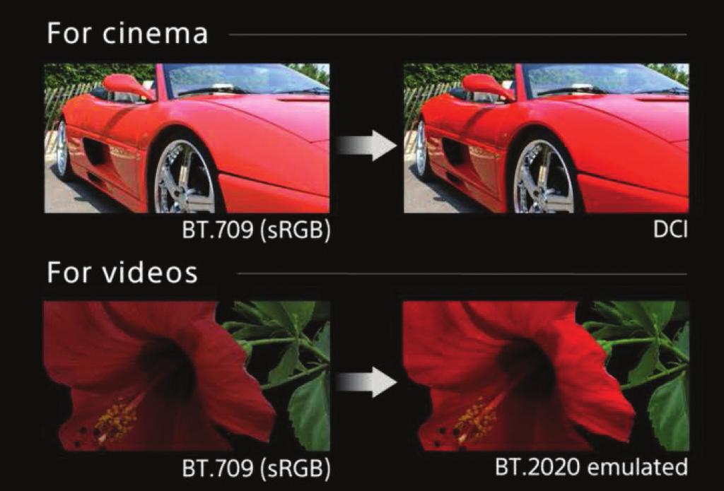 The projector enhances color with DCI P3 reproduction and BT.2020 Emulation. (Images simulated.
