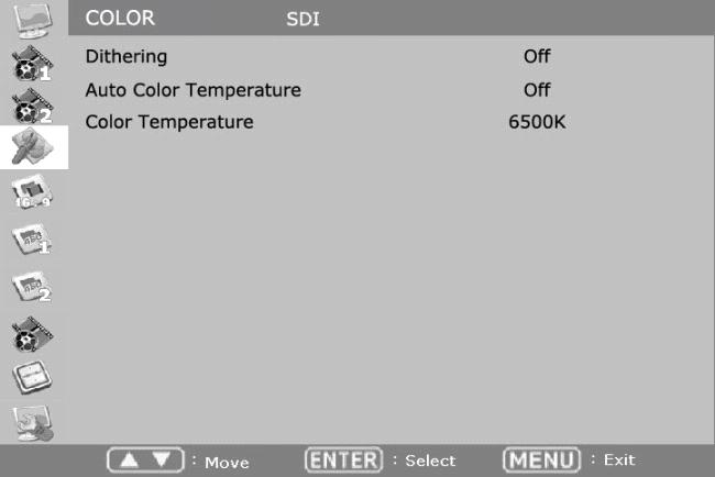 COLOR Dithering Set this mode on to display gradient more smoothly. Auto Color Temperature Set this mode on to adjust color temperature by temperature change.