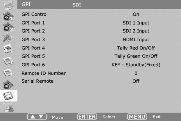 GPI GPI Control Turns on/off external monitor control function. GPI Port 1,2,3,4,5,6 Assigns each GPI port s function. (e.g. SDI 1 input, HDMI input, Tally Red) See EXTERNAL REMOTE CONTROLLING section for details.