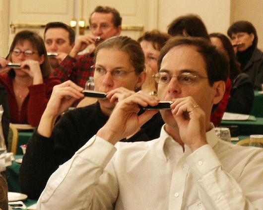 Each of the ten little holes of the harmonica contains two thin brass reeds.