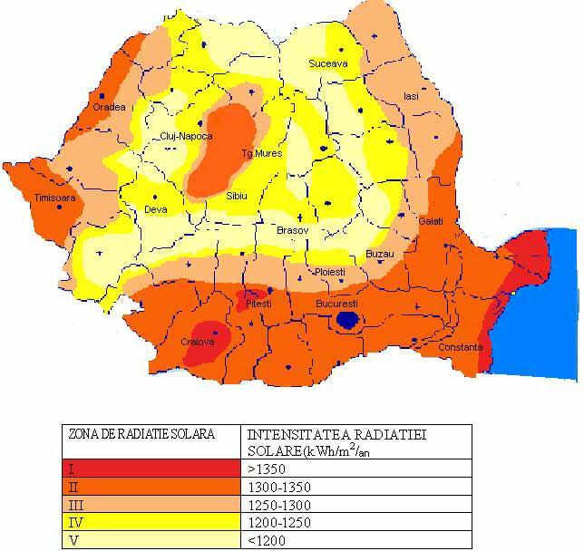 6.3.5. PRODUCŢIA LOCALĂ DE ELECTRICITATE ŞI ÎNCĂLZIREA: Harta solară a României Sursa: www.minind.