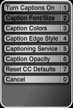9241_13_Ch11_eng 10/30/08 3:16 PM Page 5 Receiver Customization Changing Languages Caption Font/Size - Select the font and size that makes the captioning comfortable to read.