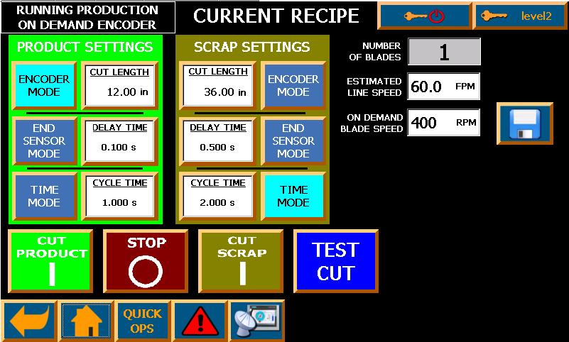 12.5 Current Recipe Screen IM NC-5-HD 12 MAY 2015 3 Note: Similar recipe settings are available for both product and scrap. Encoder Press this button to change the mode to cut based on the cut length.