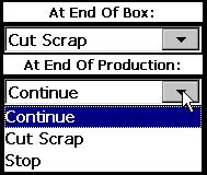 Set the time in minutes and tenths of minutes and the event to activate the alarm which can be Never, End Of Box, End of Production, or Both.
