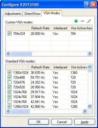18. Advanced topics Configuring VGA modes However, configuring VGA modes can be useful if you have special requirements or if the VGA source and Frame Grabber do not automatically select the VGA mode
