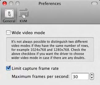 Figure 21:General preferences Wide video mode This checkbox, when selected, allows Wide Aspect Ratio VGA modes to be displayed by the video capture application window.