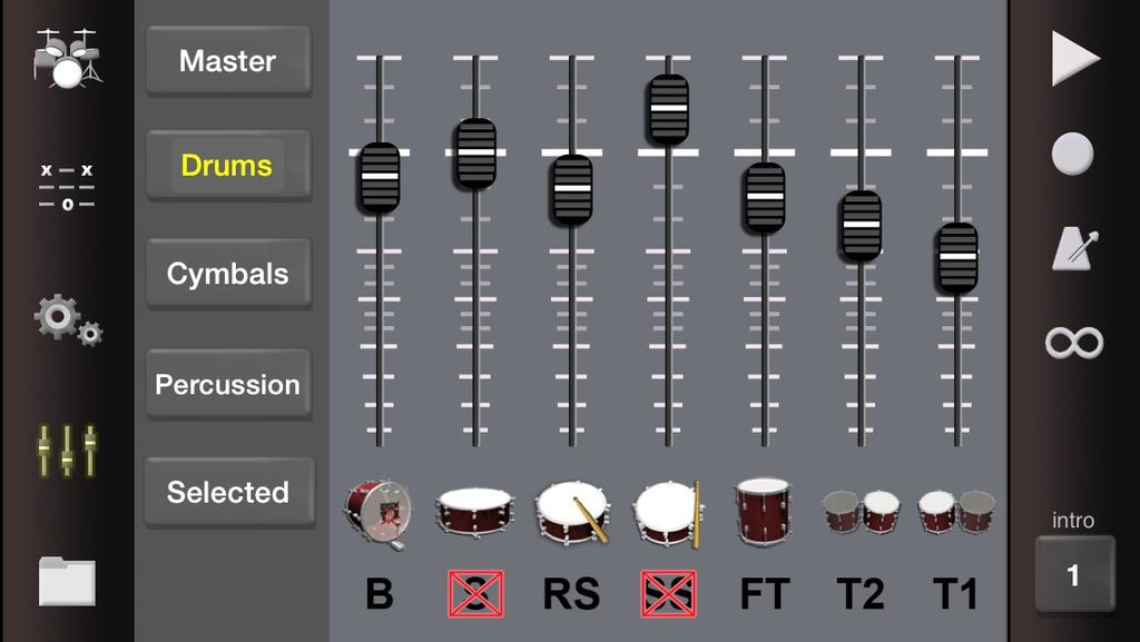 MIXER The mixer allows you to change the volume of any drums or cymbals in your song. Pressing the text below the drum icon allows you to mute or unmute each drum individually.