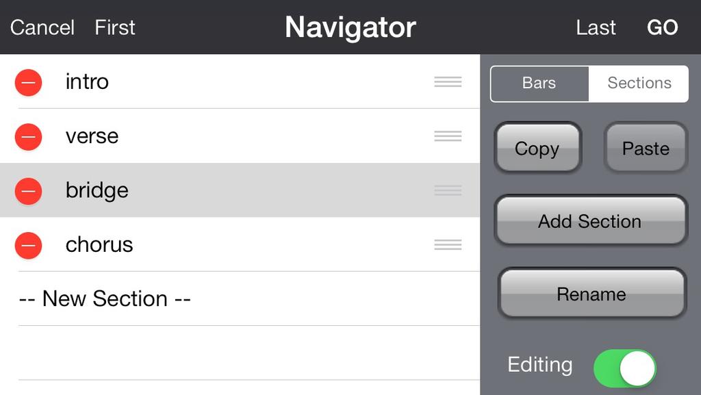 SONG NAVIGATOR / SECTION EDITING The Song Navigator allow you to quickly navigate to any part of the current song. It also allows you to create and edit sections like verse and chorus.