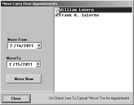 Chapter 4 Schedule Xpress Moving Carry Over Appointments From the Schedule Details screen, you can move any appointments that have an open repair order to another day on the schedule.
