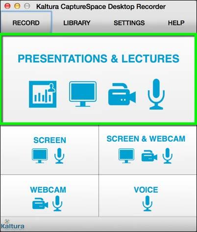 1. From the CaptureSpace Desktop Recorder Record tab, click the Presentations & Lectures button. Figure 12 - Presentations & Lectures 2. Next you will select your recording options. a.