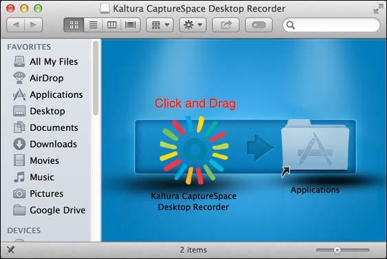 6. Open the downloaded file, the, drag the icon labeled Kaltura CaptureSpace Desktop Recorder to the Applications folder shortcut.