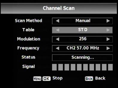 Terrestrial Scan Method Auto / Manual Frequency CH2 CH69 Scan / Stop Back to Menu Cable Scan