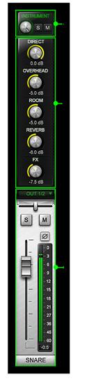THE MIXER 5.2 Channel Strip Overview The channel strip is giving you access to all the instrument s controls. A. B. C. Instrument Master Controls This section contains the instrument s master controls: Level Knob controls the overall volume of the entire instrument.