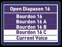 Diapason 16. The voice to be changed is shown at the top of the image and the alternatives are listed below.