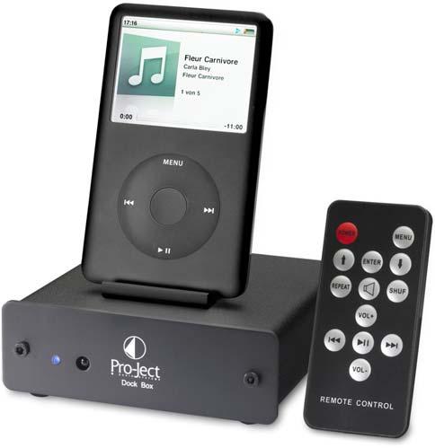 Pro-Ject Dock Box F Active ipod docking station Supports ipods with 30-pole connector (ipod Nano third and fourth generation only) Remote control of the ipods earphone output volume (incl.