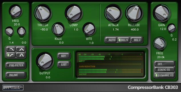 McDSP plug-ins CB303 Figure A12.13 CompressorBank CB303. CB303 adds a static and dynamic EQ at the output stage.