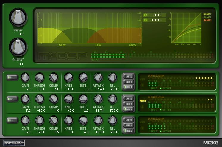 McDSP plug-ins Figure A12.19 MC2000 MC303 3-band compressor. Below these displays there are two, three, or four rows of controls, depending on whether you are using the MC202, MC303, or MC404.