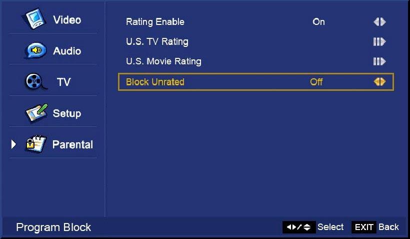 CHANNEL BLOCK This function lets you block individual channels. PROGRAM BLOCK This function lets you filter TV s movie and programming. I. RATING ENABLE This enables filtering for all channels. II.